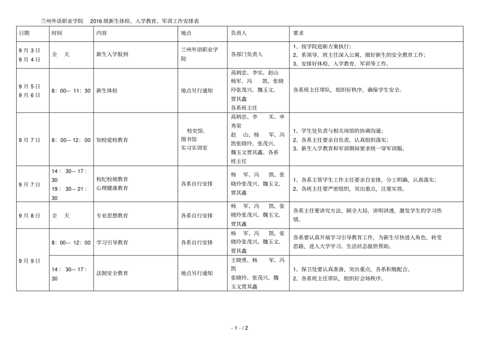 兰州外语职业学院级新生体检、入学教育、军训工作安排_第1页