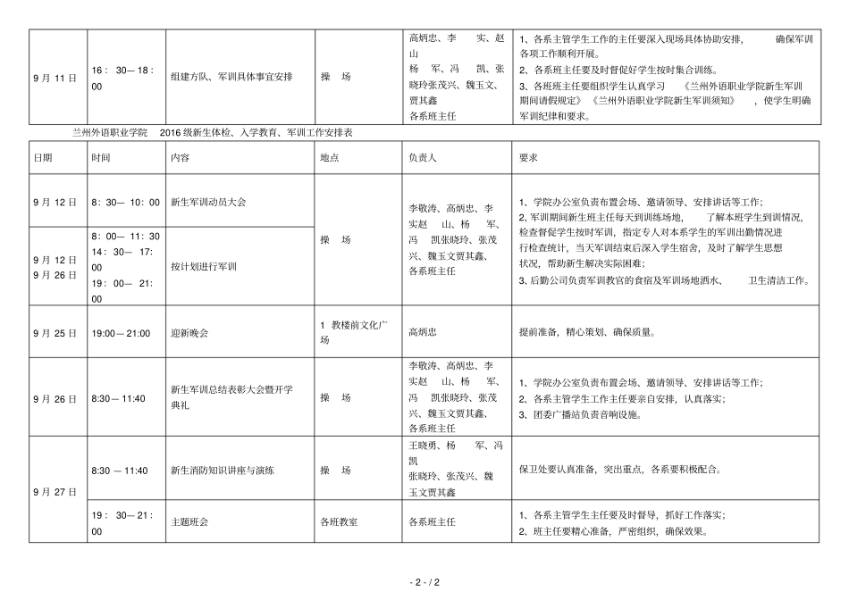 兰州外语职业学院级新生体检、入学教育、军训工作安排_第2页