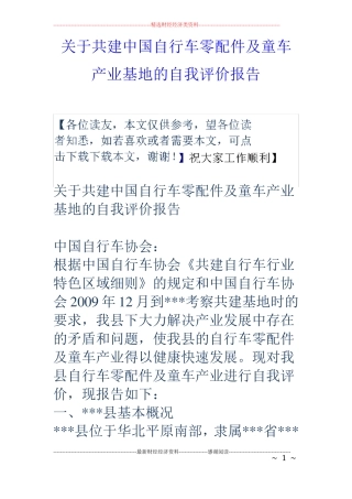 关于共建中国自行车零配件及童车产业基地的自我评价报告