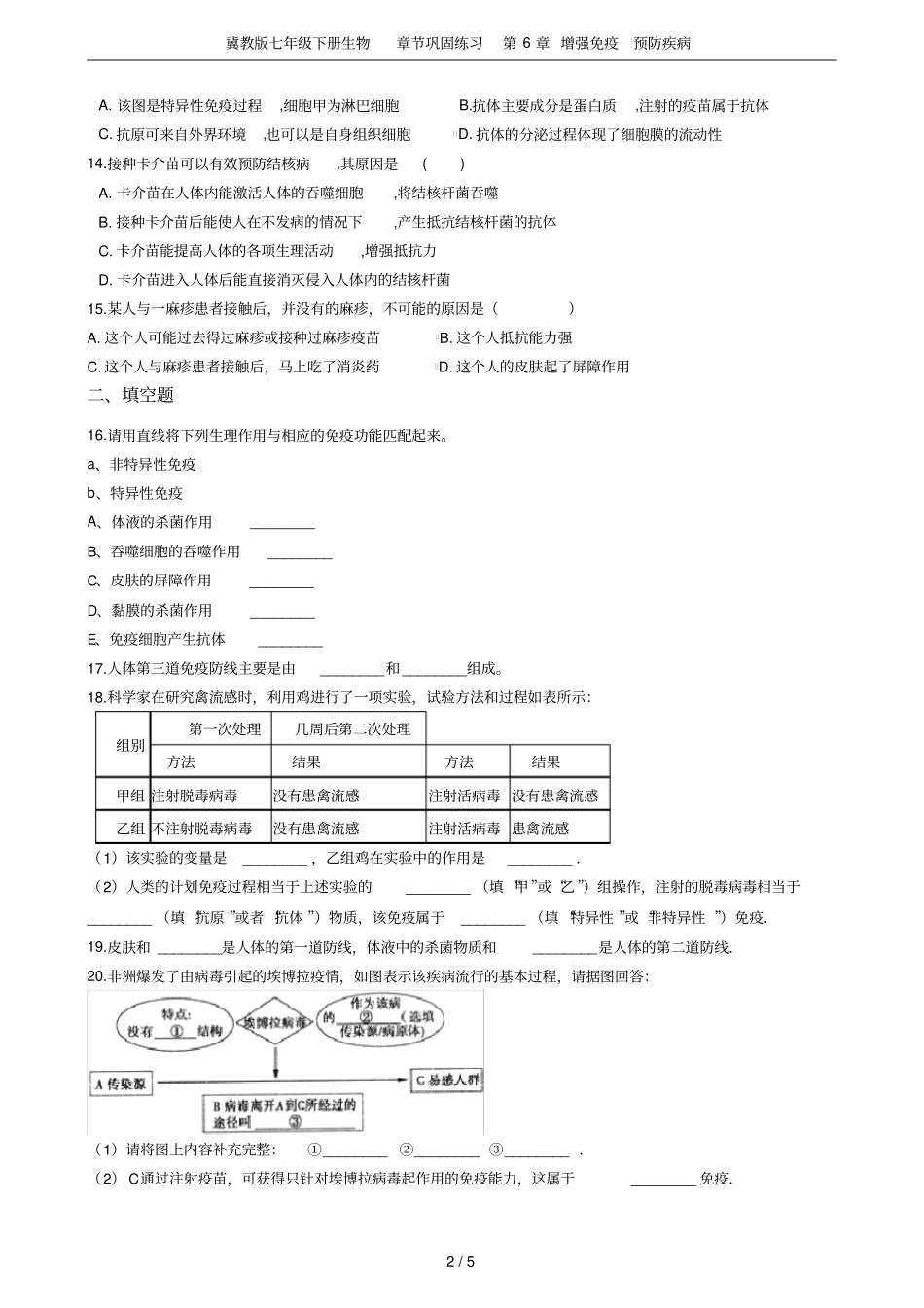 冀教版七年级下册生物章节巩固练习增强免疫预防疾病_第2页