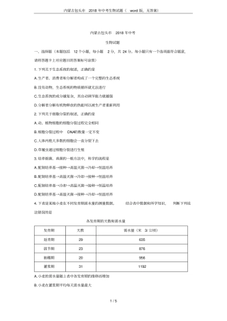 内蒙古包头2018年中考生物试题版,无答案