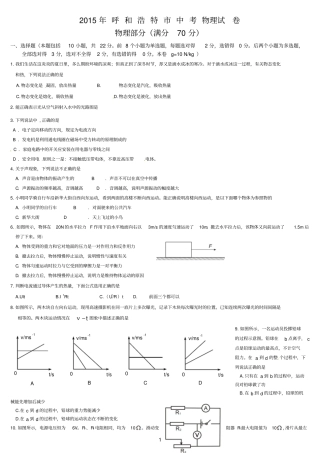 内蒙古呼和浩特2015年中考物理试题版,含答案