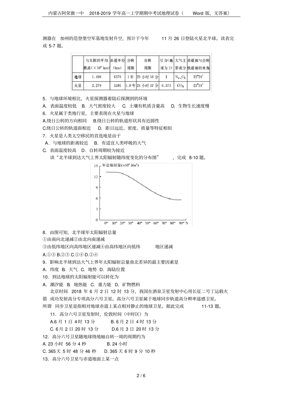 内蒙古阿荣旗一中2018-2019学年高一上学期期中考试地理试卷版,无答案_第2页