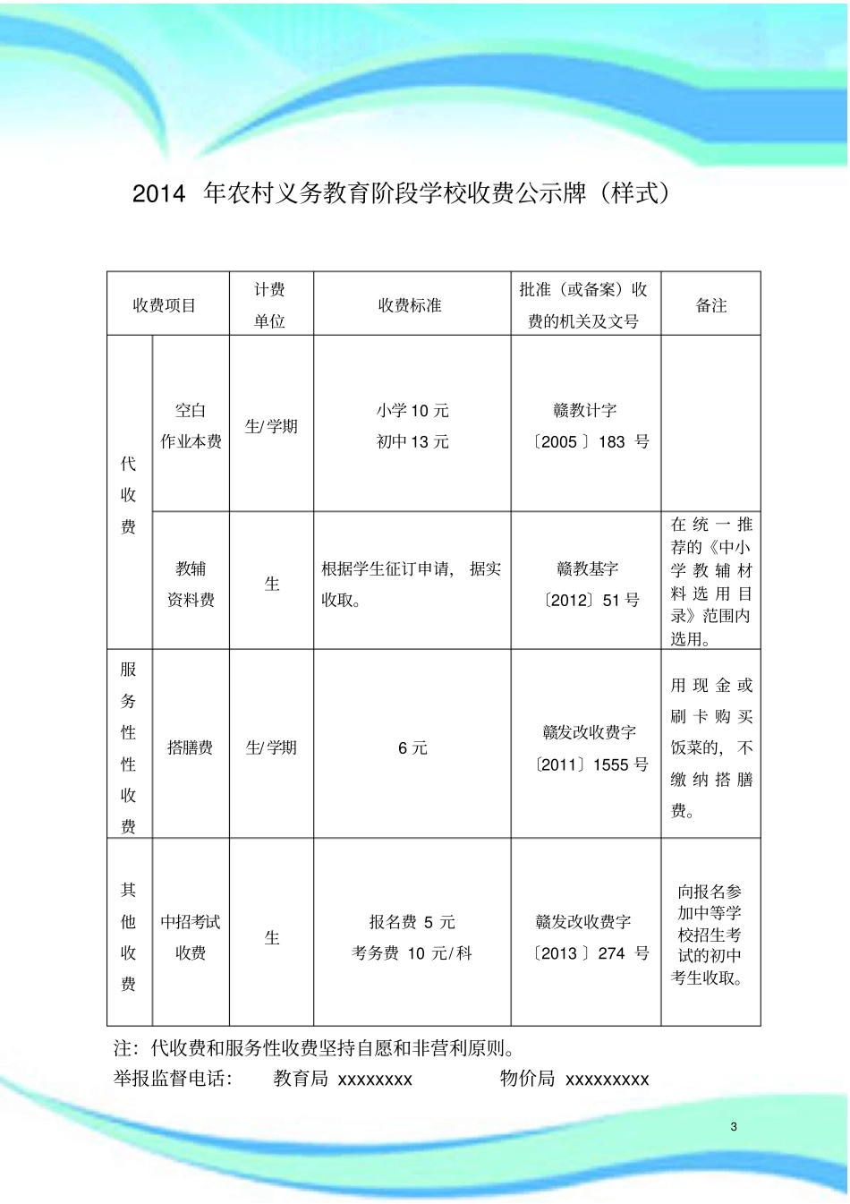 农村义务教育阶段学校收费公示牌样式_第3页