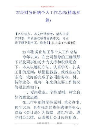 农经财务出纳个人工作总结精选多篇
