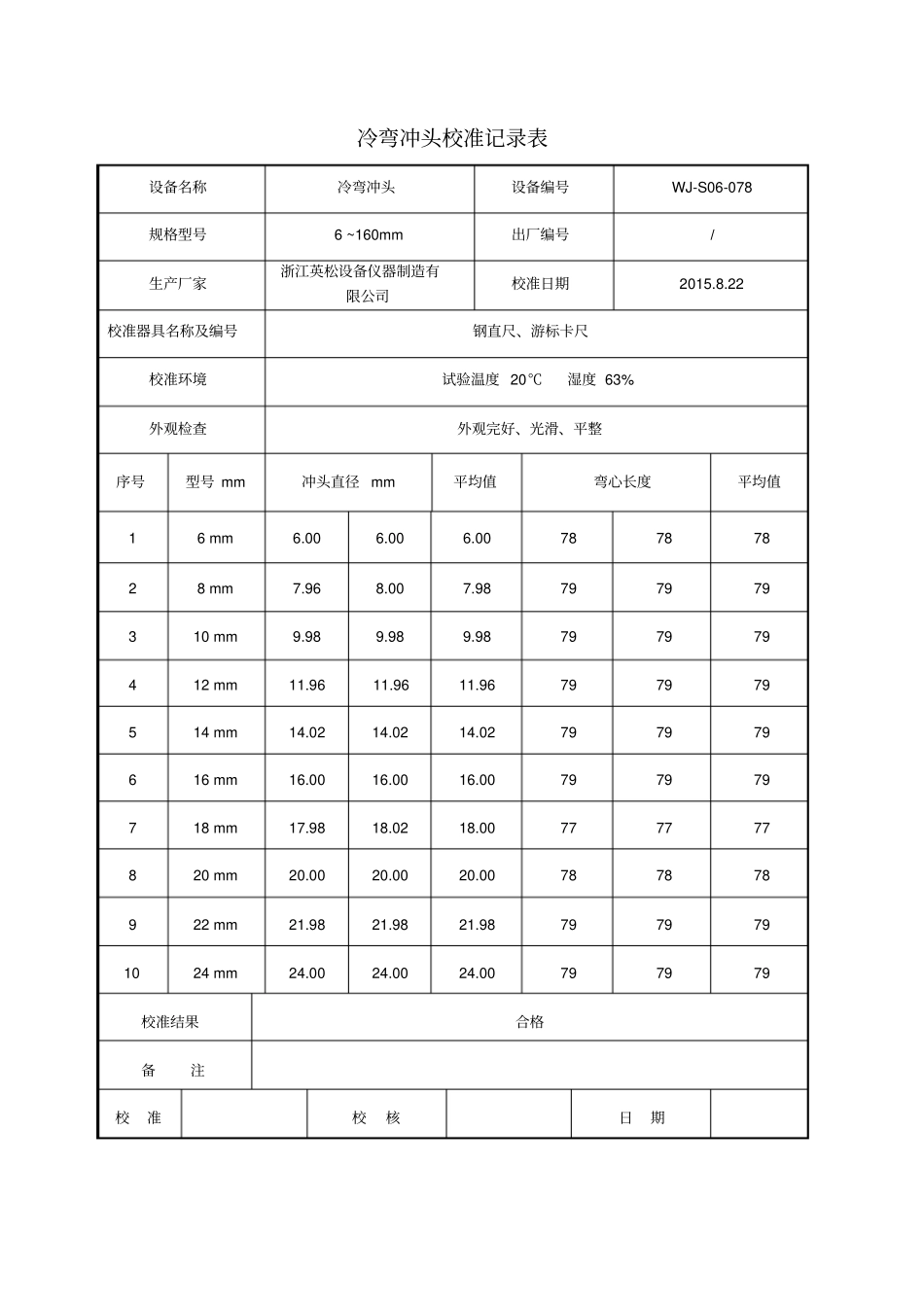 冷弯冲头校准记录表_第1页