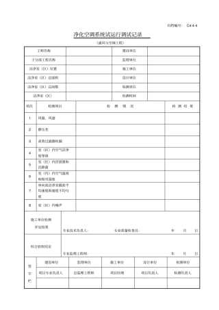 净化空调系统试运行调试记录