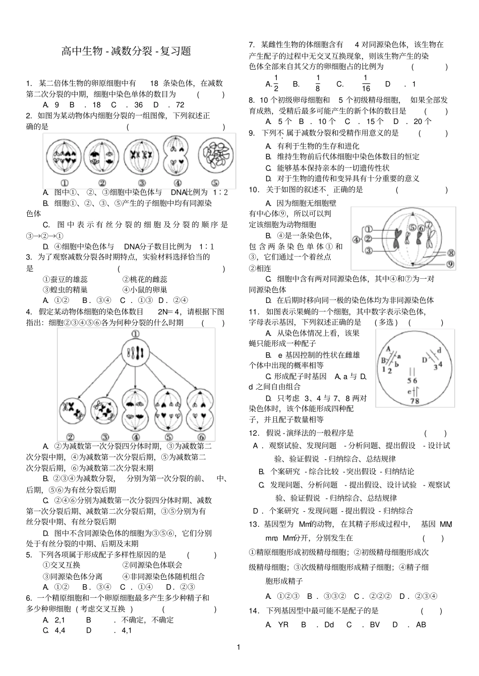减数分裂习题精选_第1页