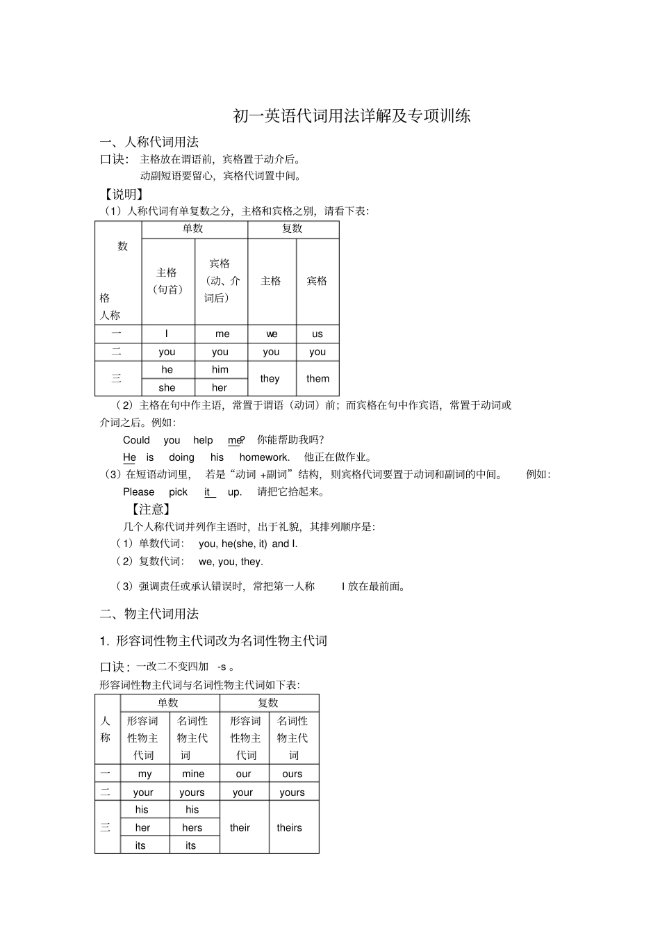 初一英语上册代词用法详解及专题练习测试_第1页