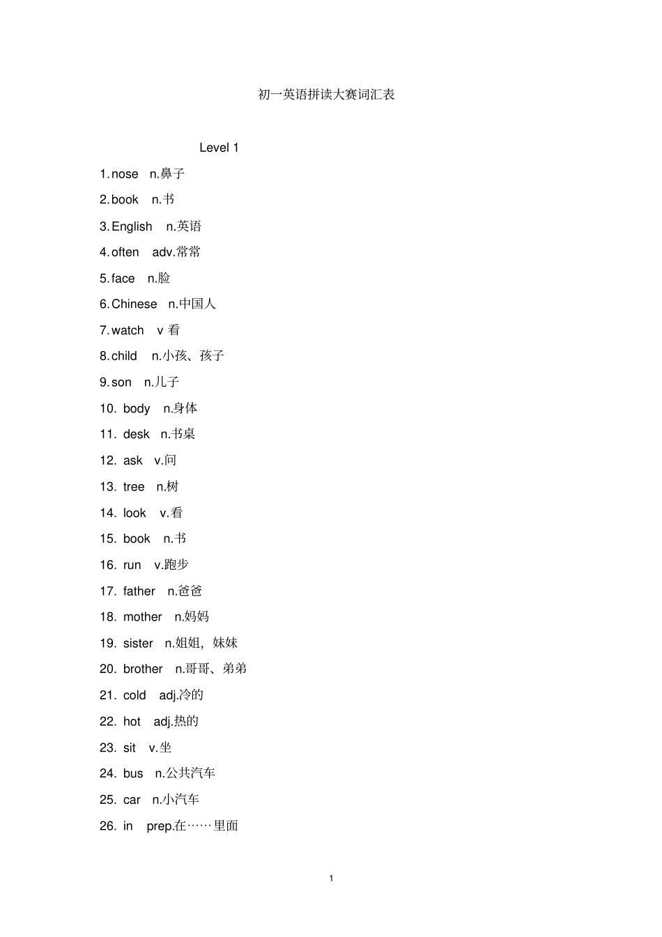 初一英语词汇拼读大赛单词表_第1页