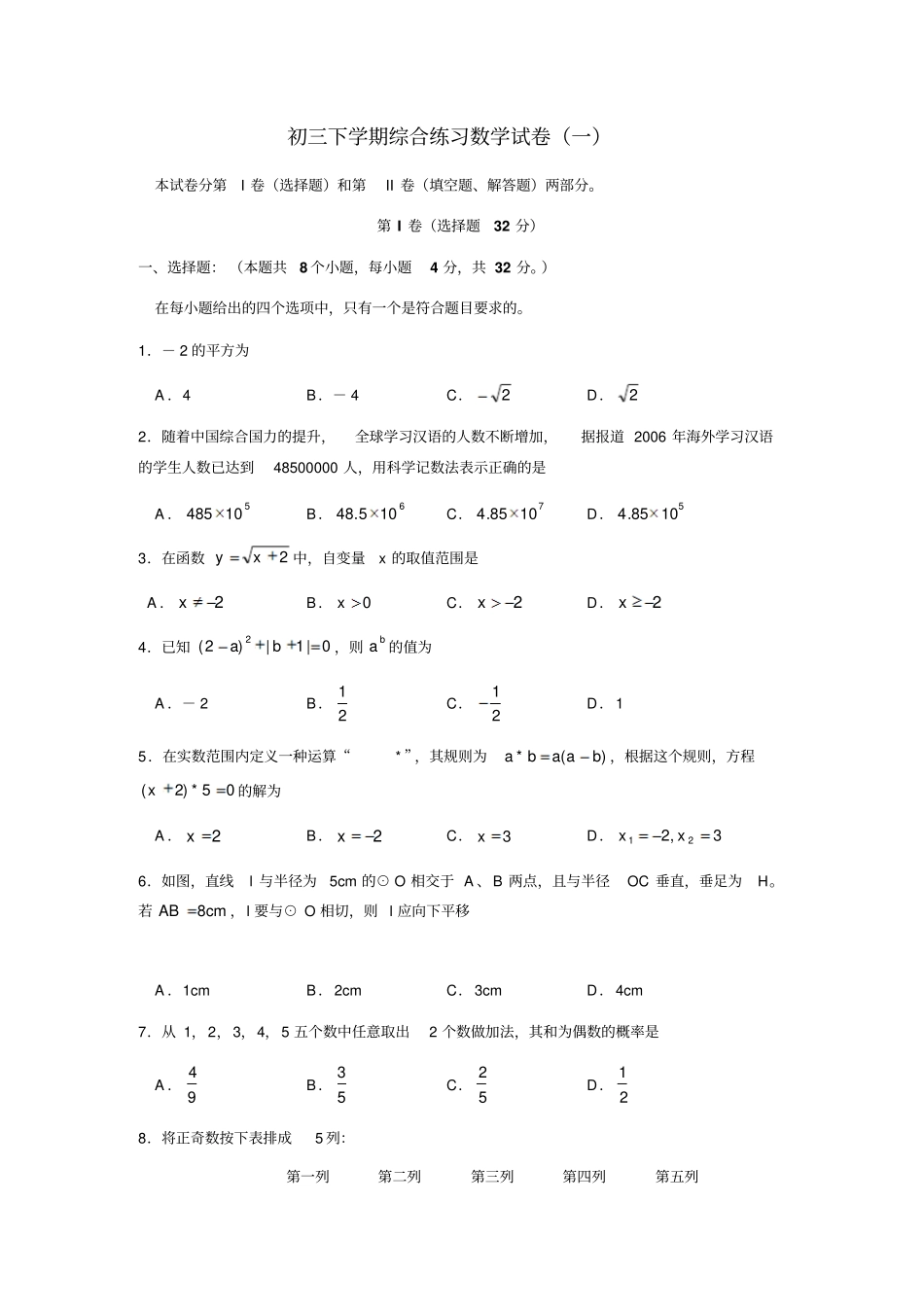初三下学期综合练习数学试卷一_第1页