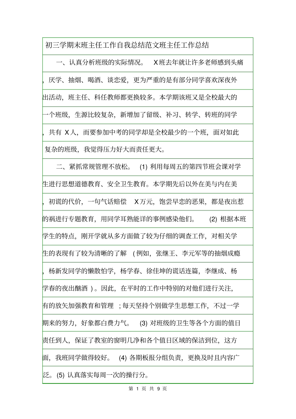 初三学期末班主任工作自我总结范文班主任工作总结_第1页