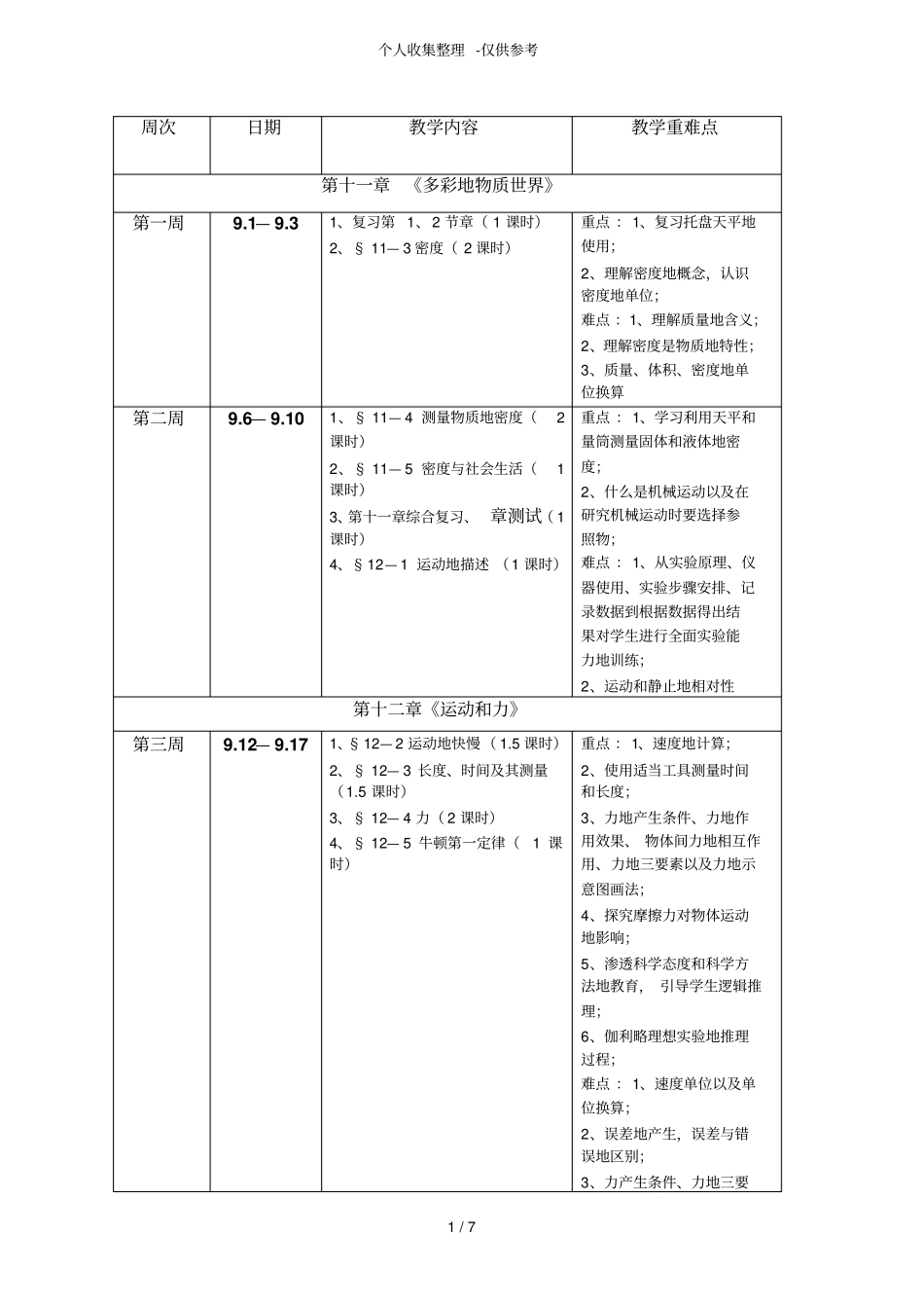 初三物理优秀教学进度安排_第1页
