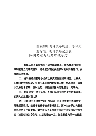 医院控烟考评奖惩制度、考评奖惩标准、考评奖惩记录表 0528