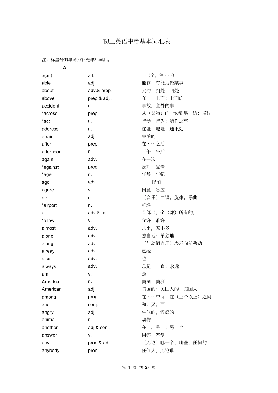 初三英语中考基本词汇表_第1页