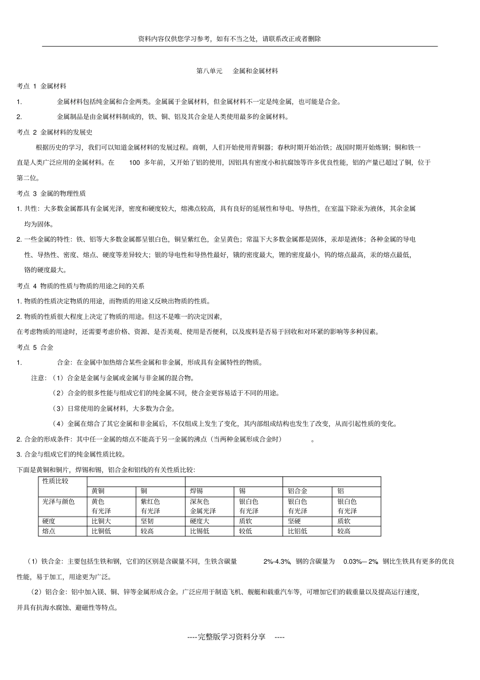初中化学-金属和金属材料知识点和考点_第1页