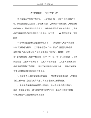 初中团委工作计划小结