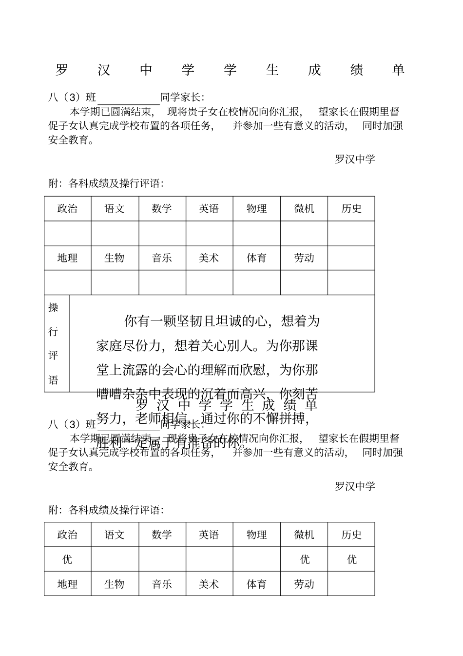初中学生成绩报告单模板_第1页