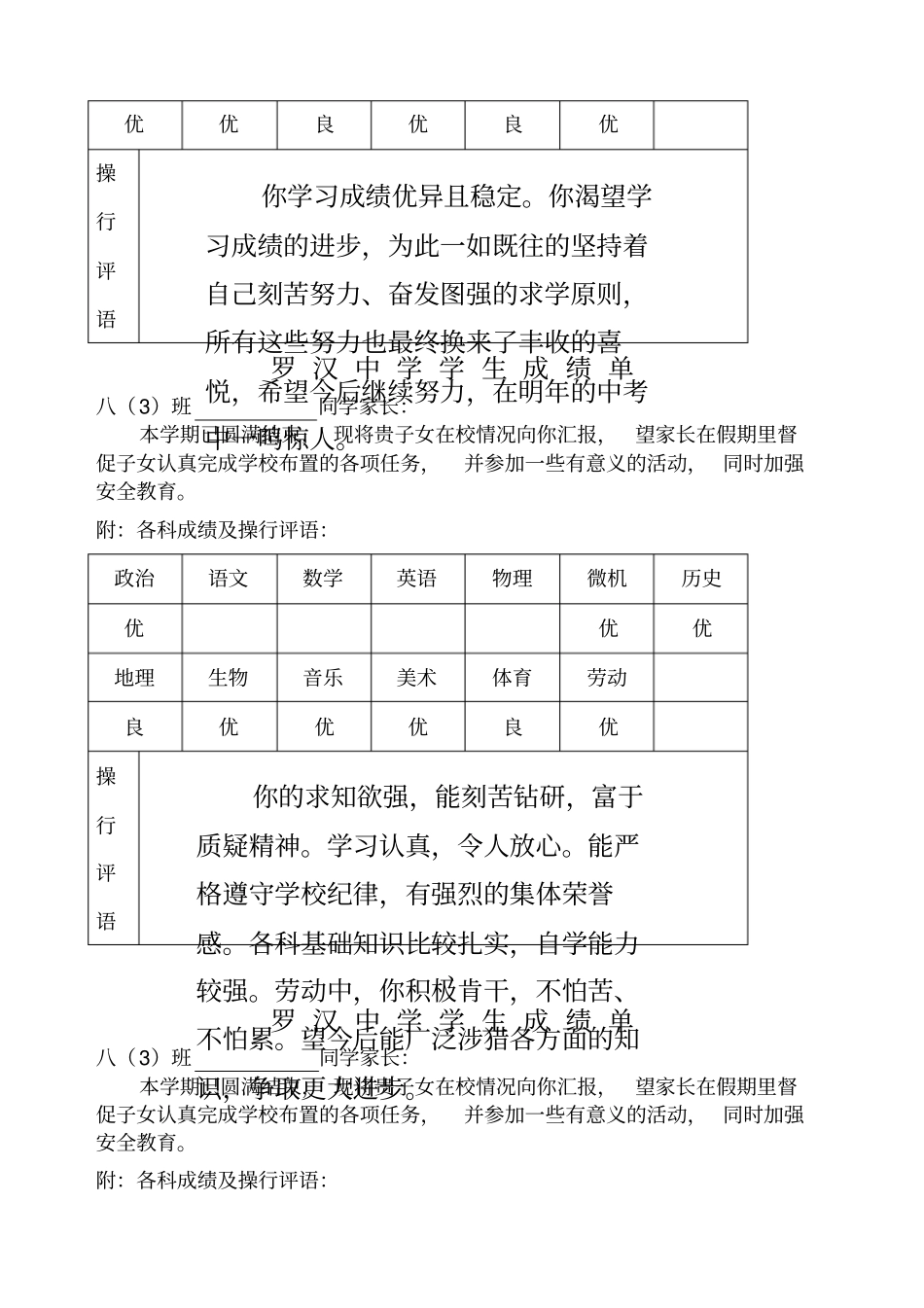 初中学生成绩报告单模板_第2页