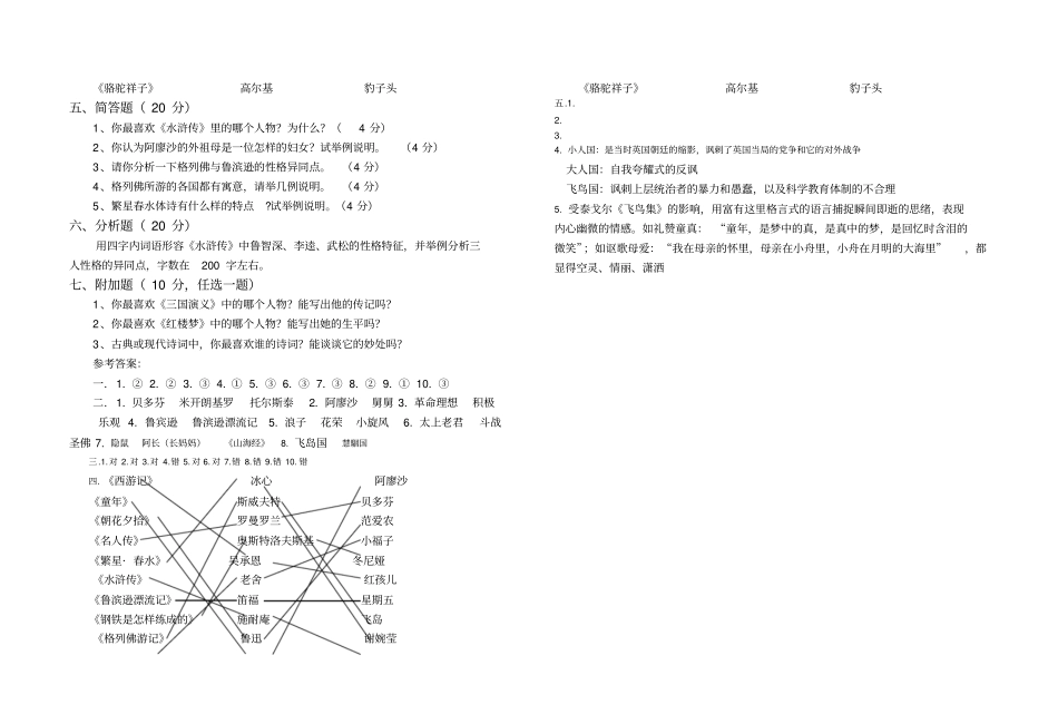 初中必读十部名著考试试题_第2页