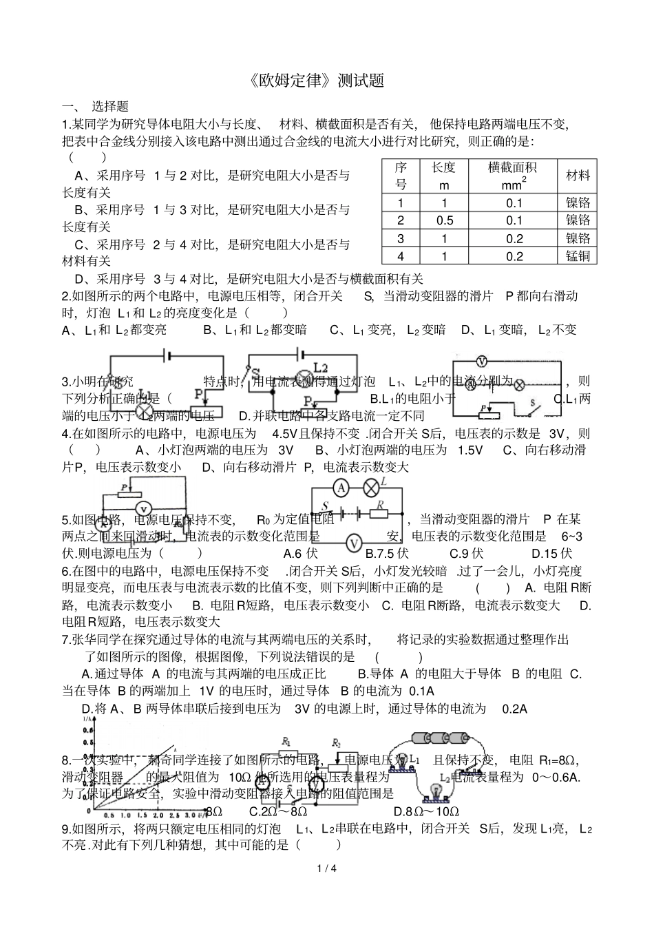 初中物理欧姆定律习题及标准答案_第1页