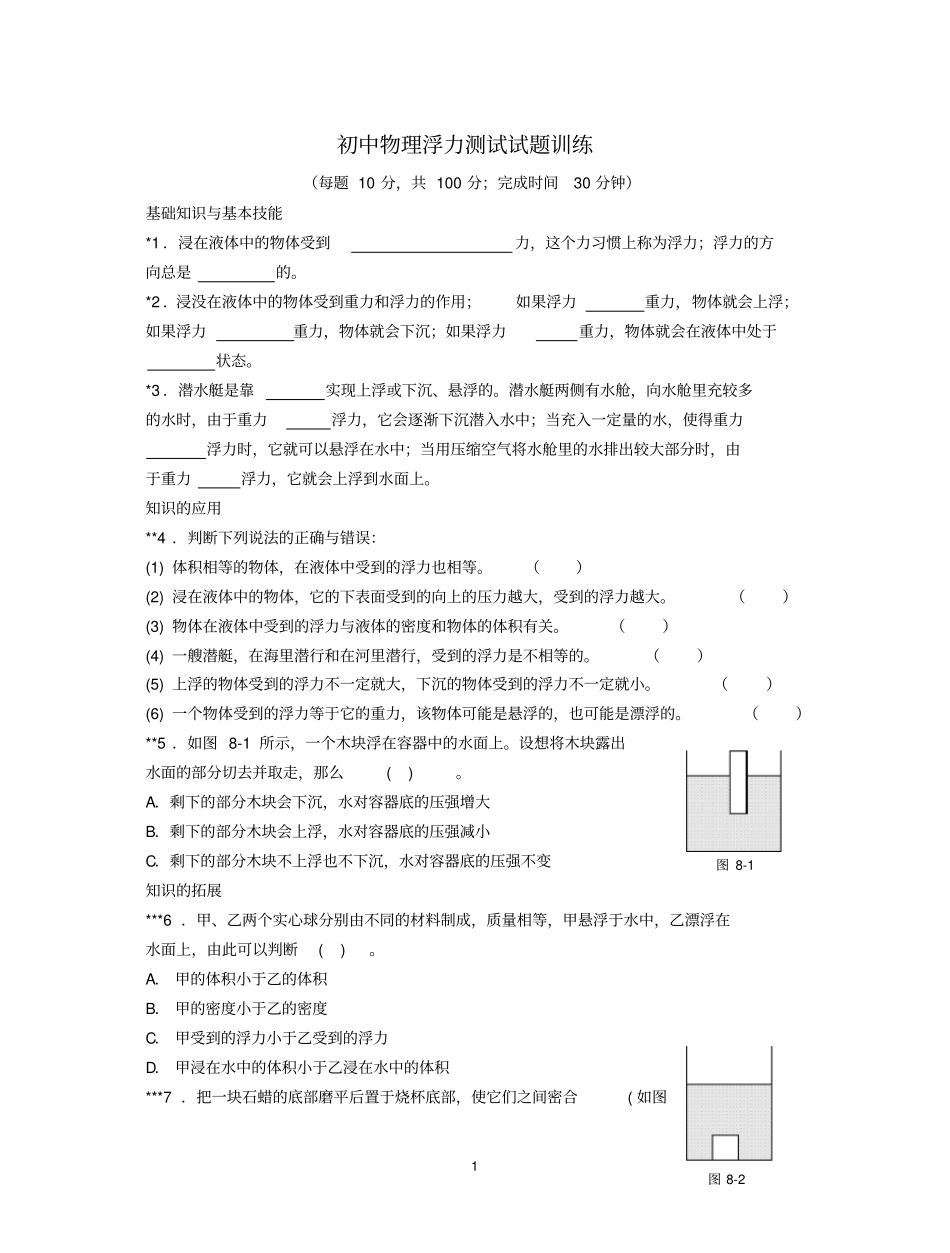 初中物理浮力测试试题模板_第1页