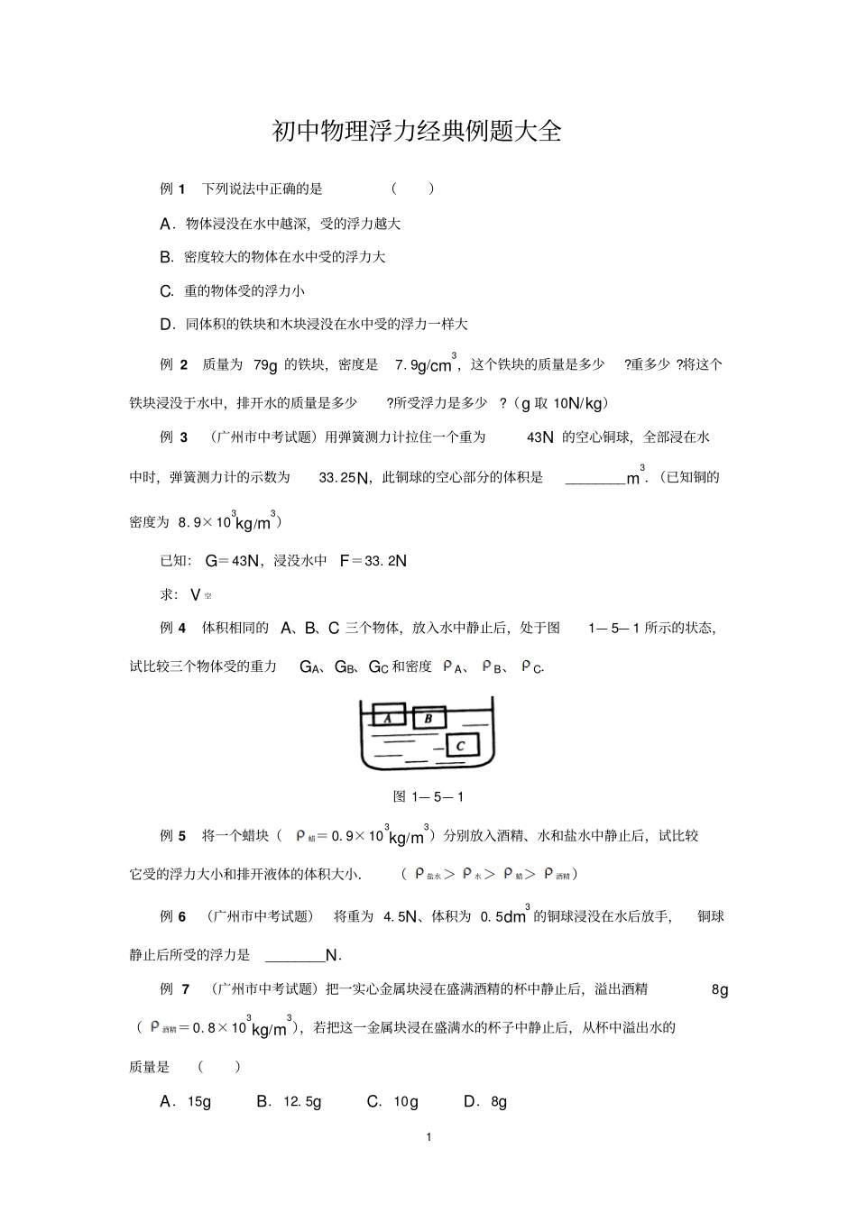初中物理浮力经典例题大全及详细解析强烈推荐_第1页