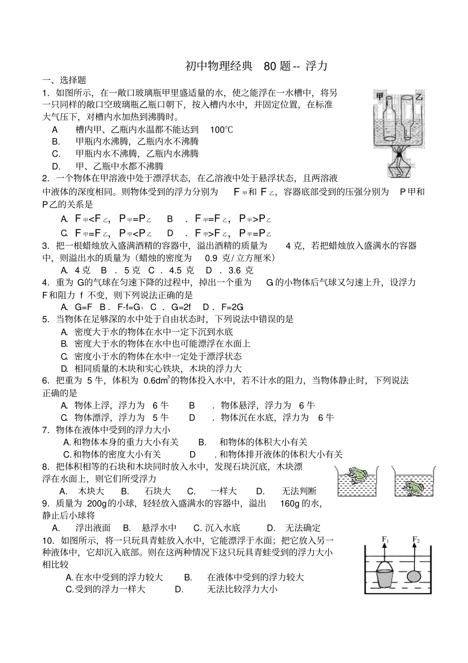 初中物理绝对经典80道难题--浮力_第1页