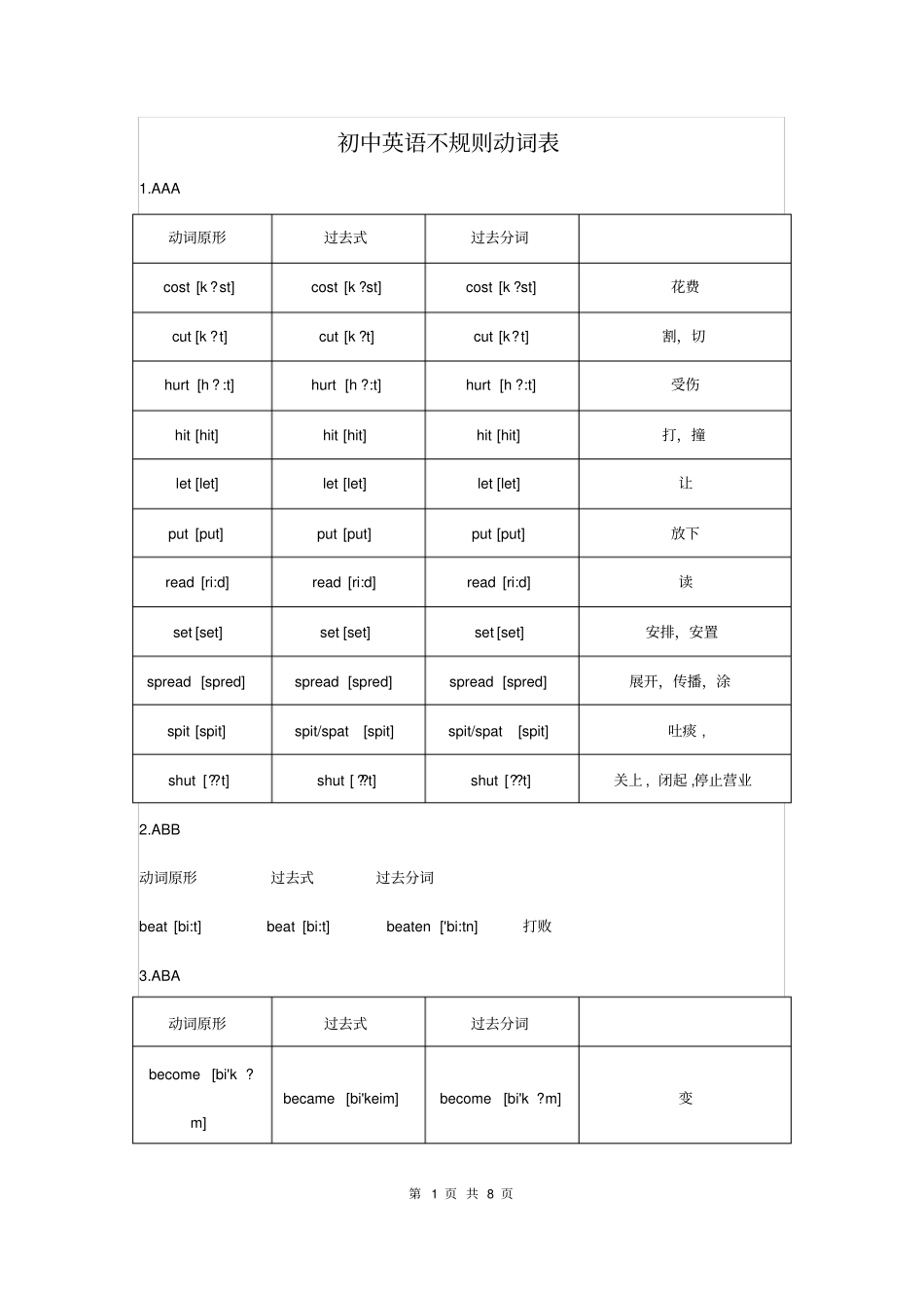 初中英语不规则动词表的完整板块_第1页