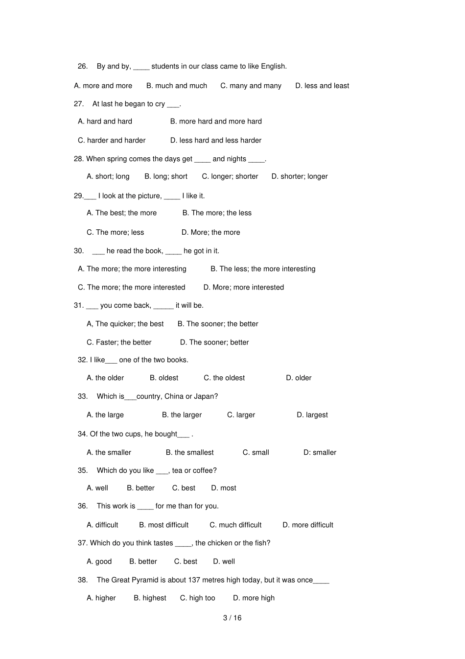 初中英语比较级模拟题_第3页