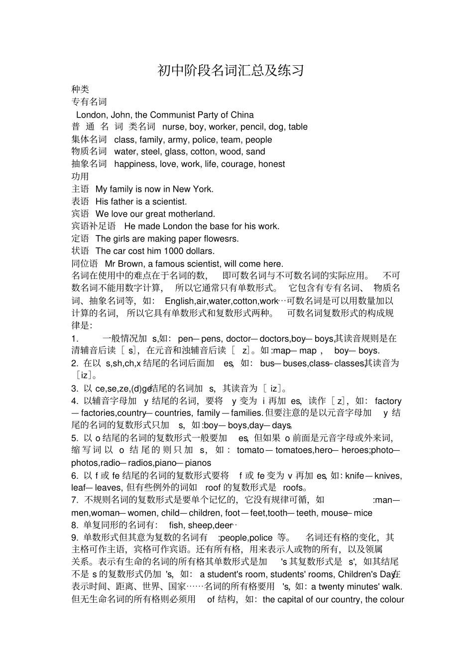 初中阶段名词汇总及练习复习题_第1页