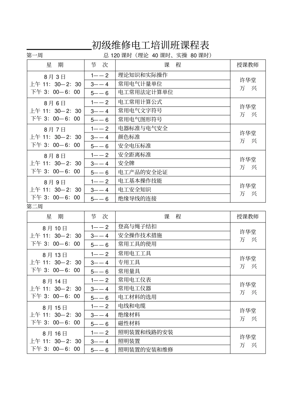 初级维修电工培训班课程表_第1页