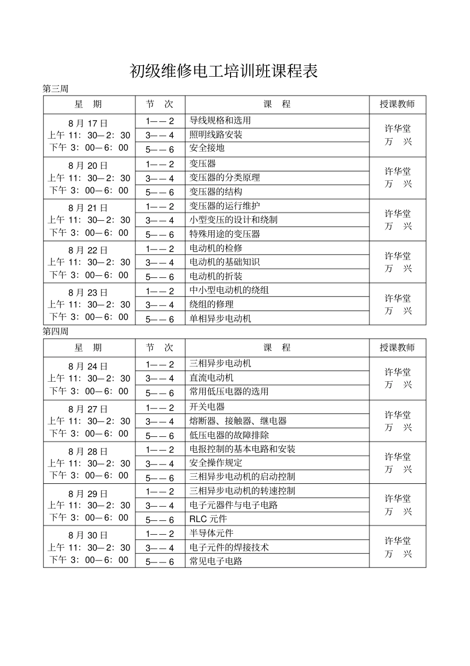 初级维修电工培训班课程表_第2页