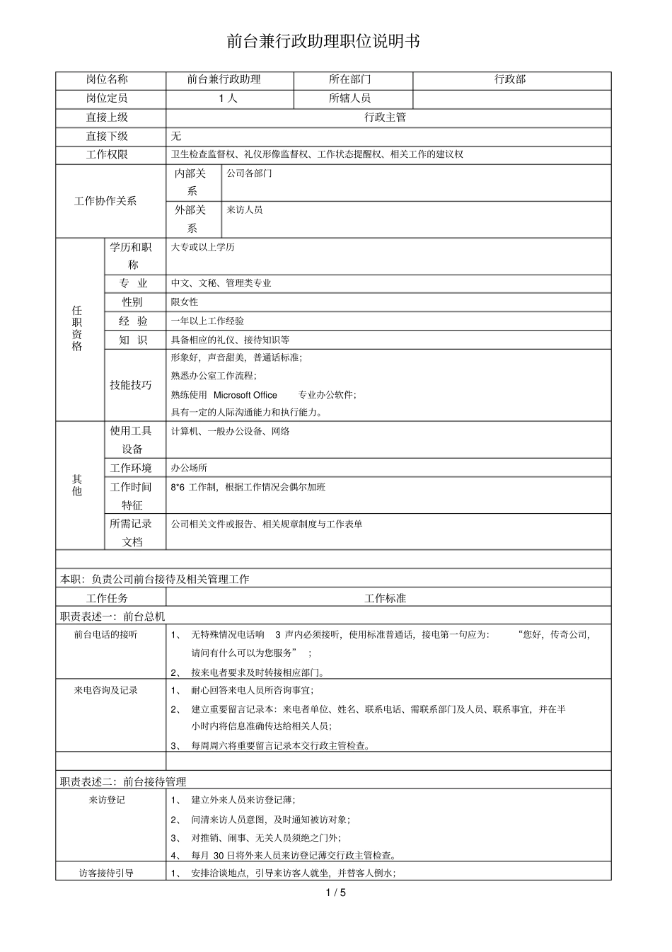 前台兼行政助理职位详细说明书_第1页
