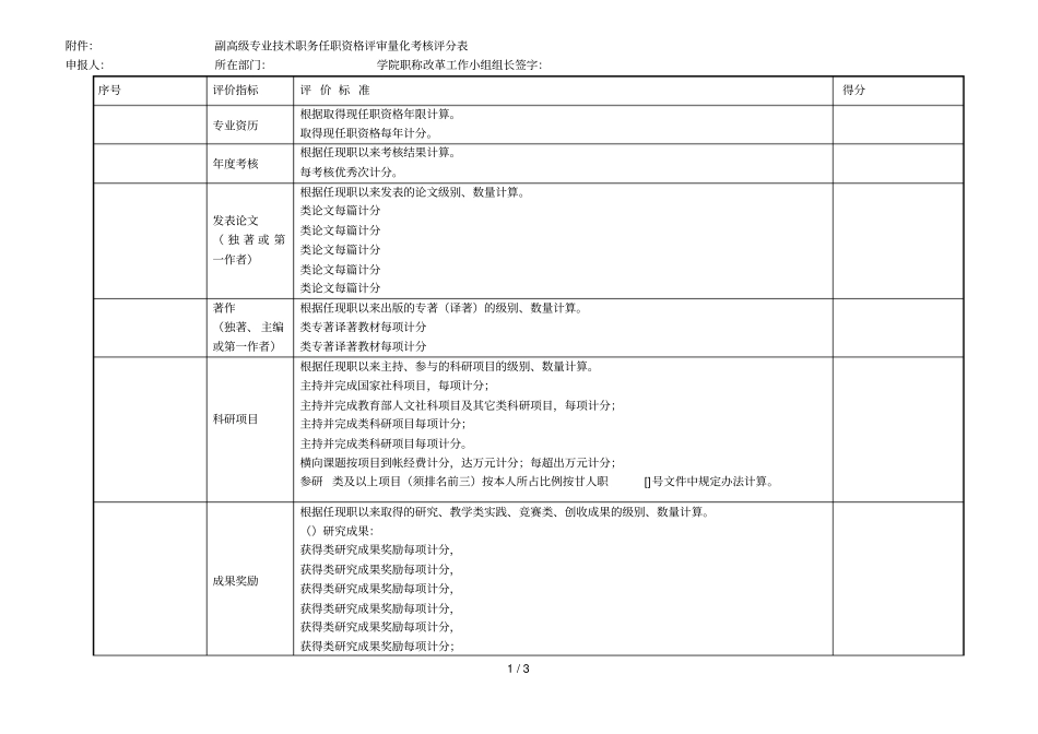 副高级专业技术职务任职资格评审量化考核评分表_第1页
