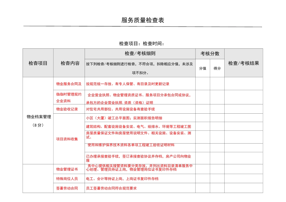 物业服务品质检查表_第1页