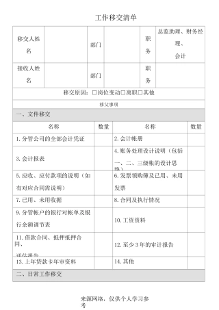 财务部工作移交表