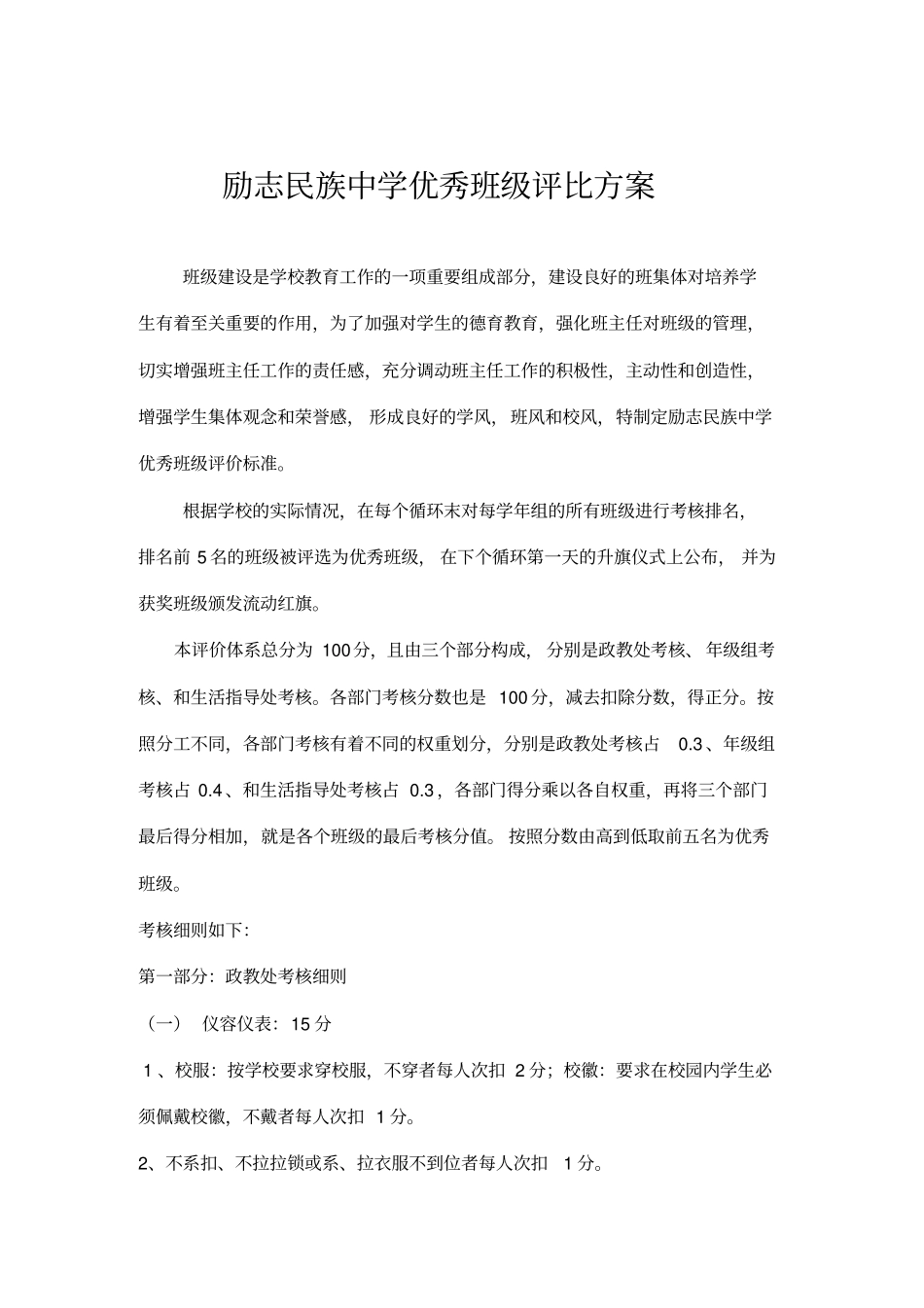 励志民族中学优秀班级评价标准模板_第1页