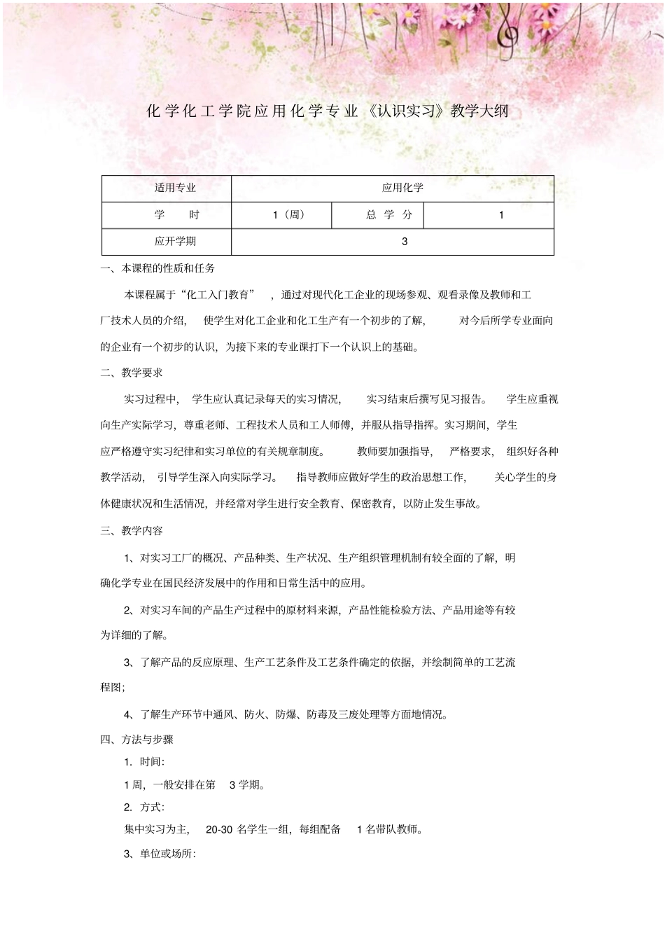 化学化工学院应用化学专业认识实习教学大纲_第1页
