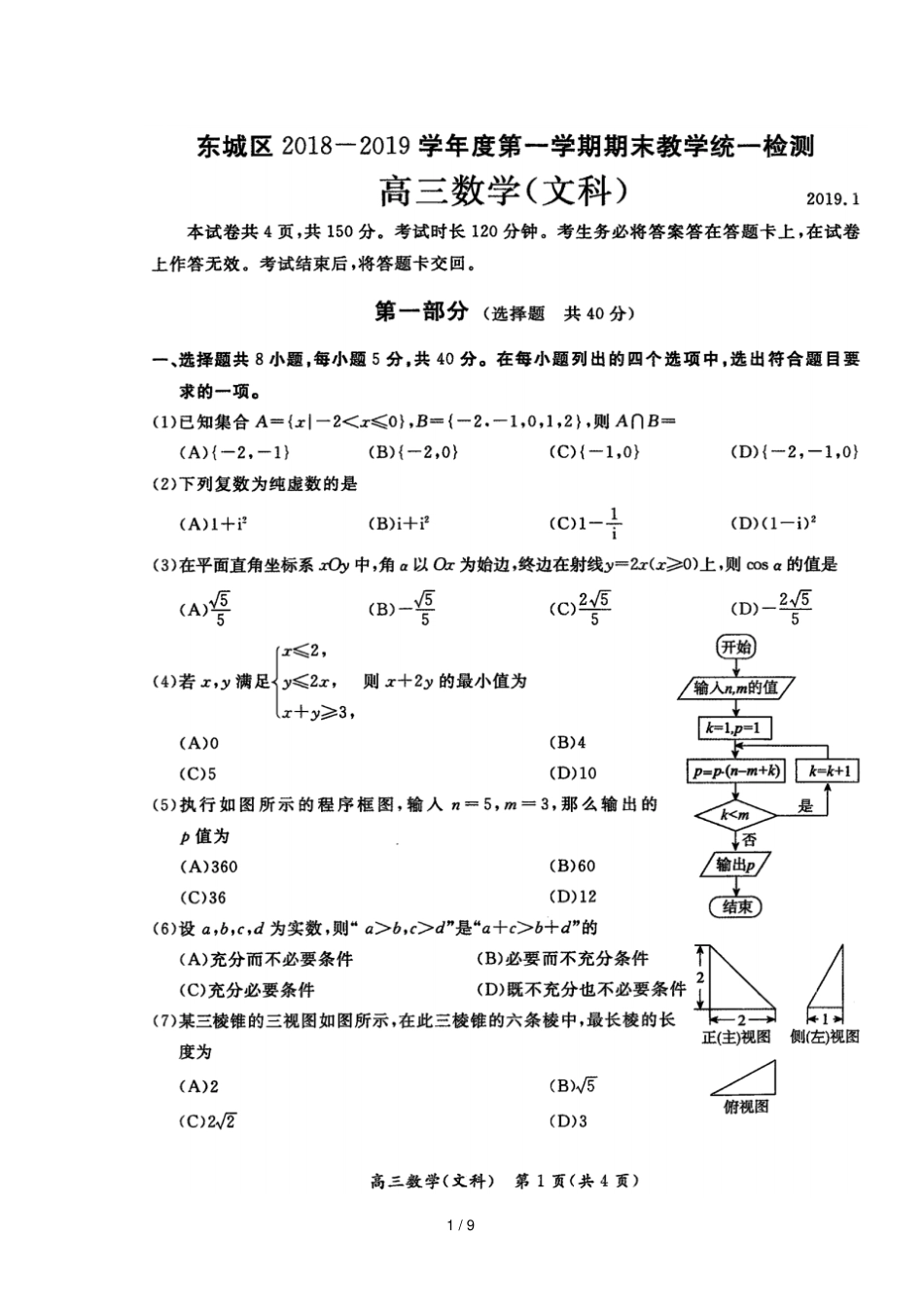 北京东城区2019届高三数学上学期期末教学统一检查试题_第1页