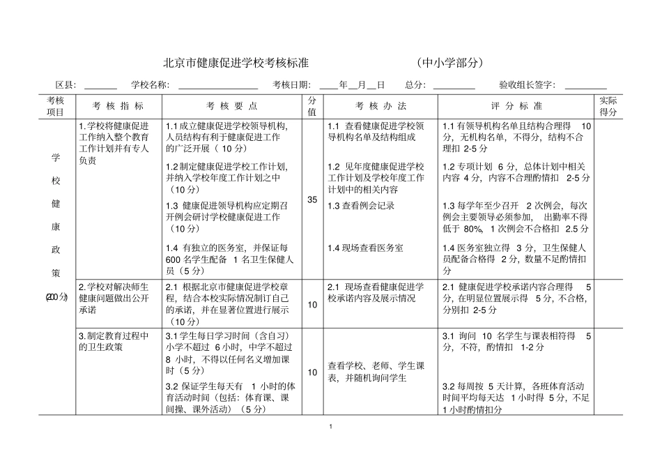 北京健康促进学校考核标准中小学部分_第1页