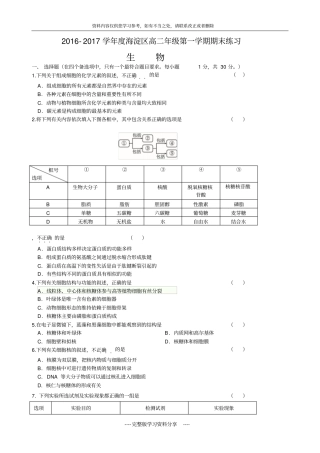 北京海淀区2012017学年高二第一学期期末练习生物试题