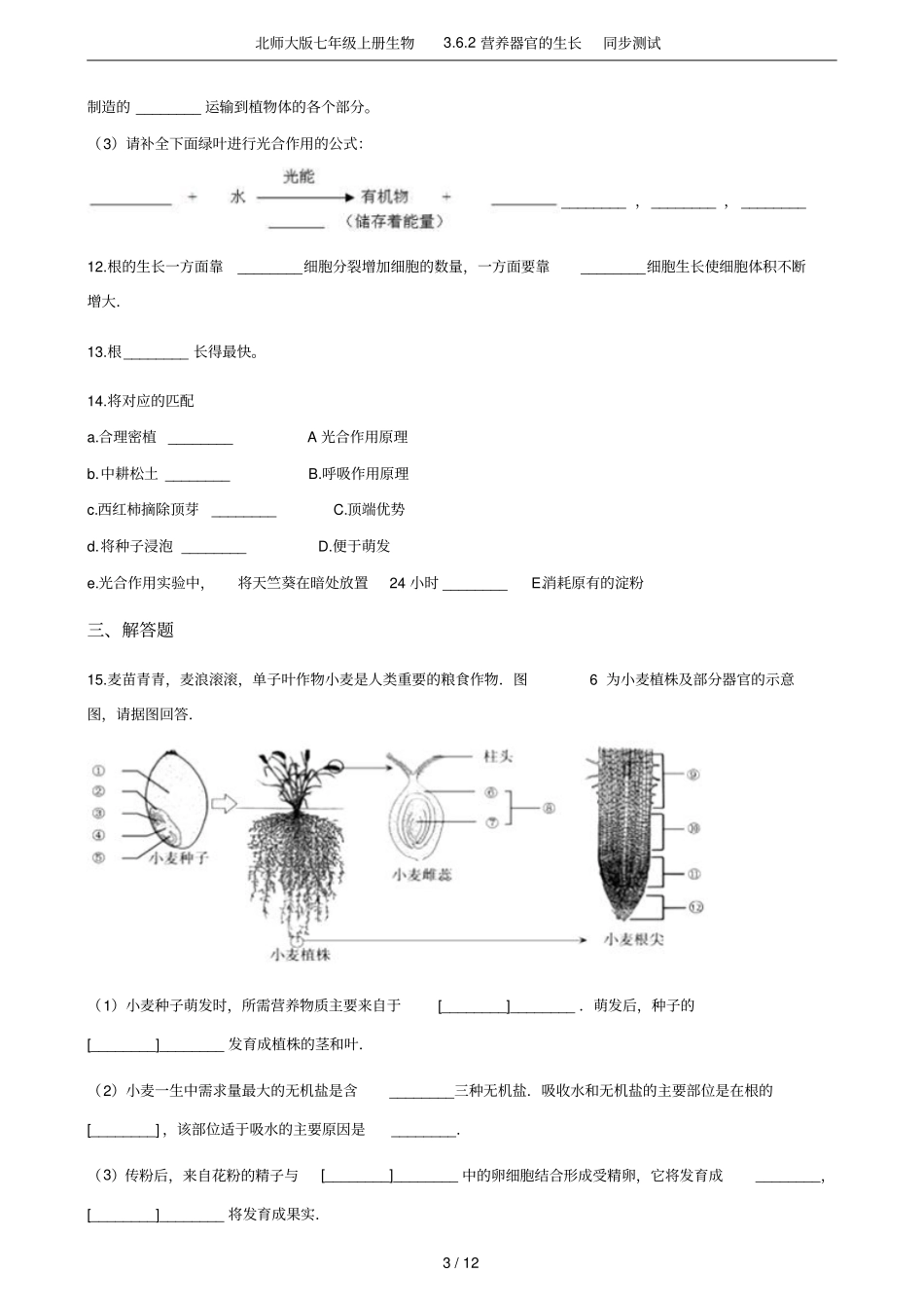 北师大版七年级上册生物2营养器官的生长同步测试_第3页