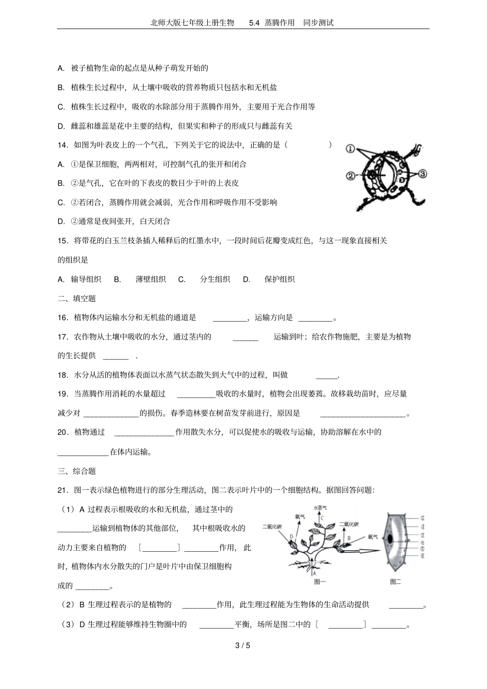 北师大版七年级上册生物4蒸腾作用同步测试_第3页