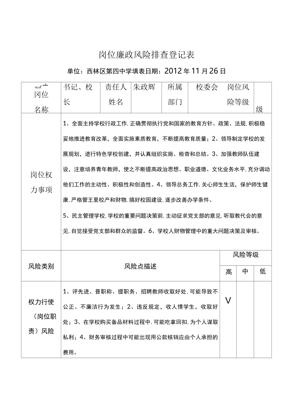 (风险管理)学校岗位廉政风险排查登记表_第1页