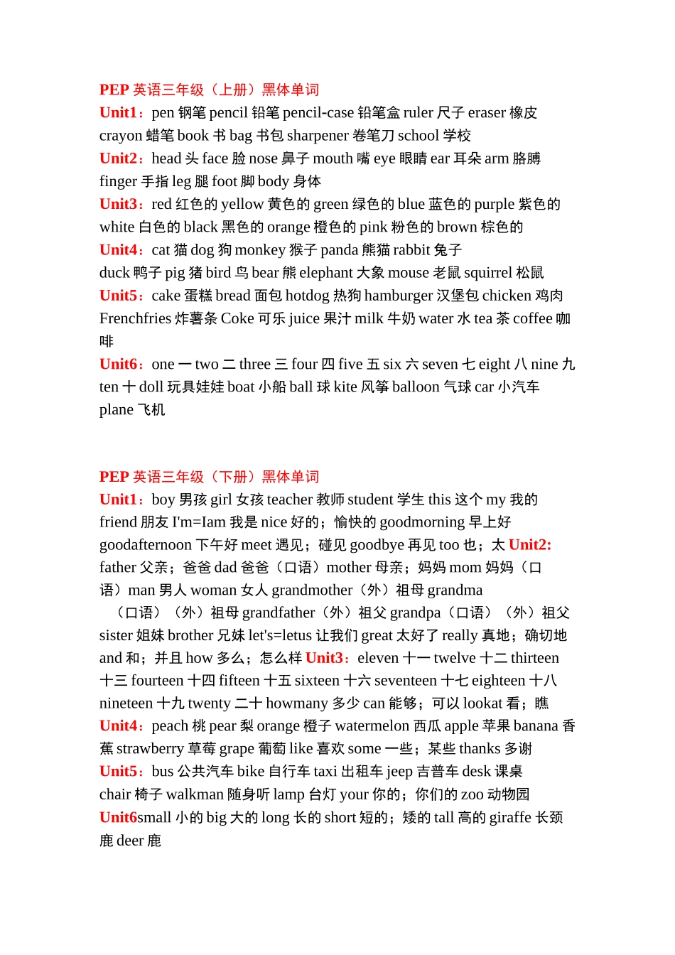 人教版小学英语三到六年级全部必背各单元黑体词汇_第1页