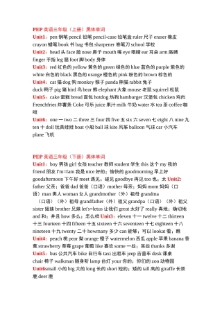 人教版小学英语三到六年级全部必背各单元黑体词汇