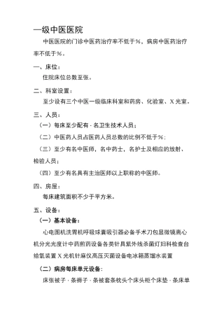 一级医院设置标准,一级中医院标准,一级中西医结合医院标准,一级综合医院标准,一级精神病医院标准