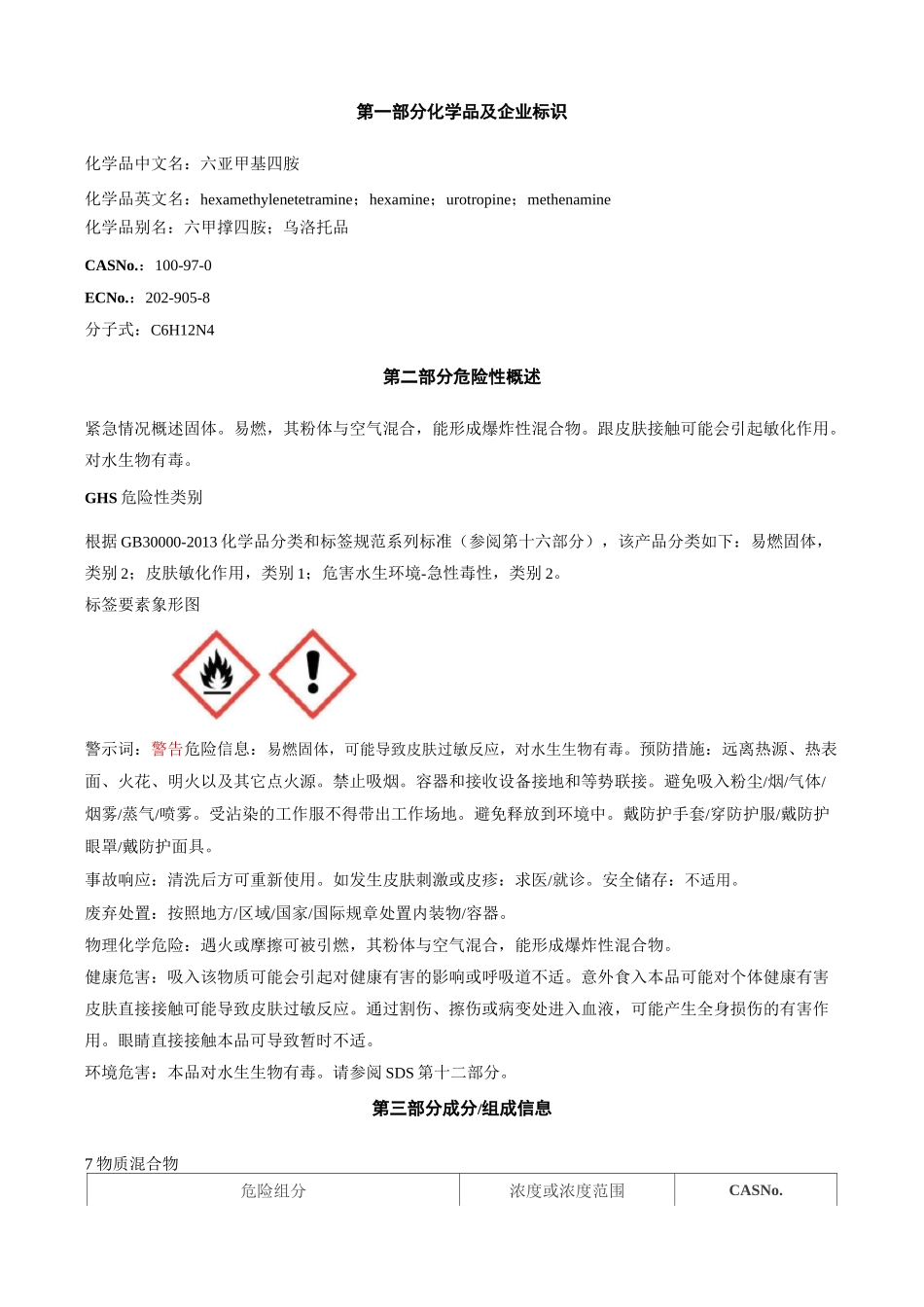 六亚甲基四胺-安全技术说明书MSDS_第1页