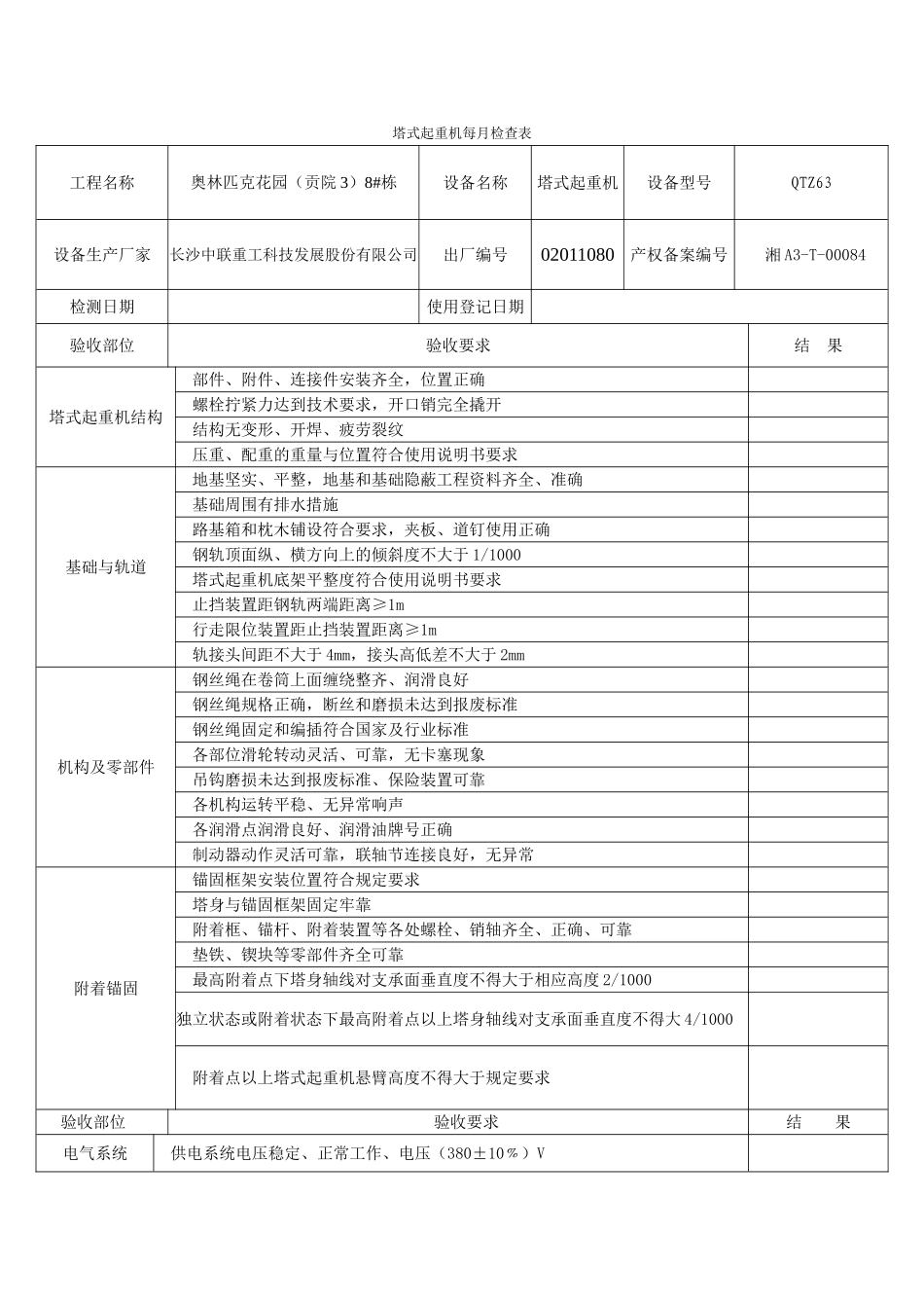 塔式起重机每月检查表_第1页